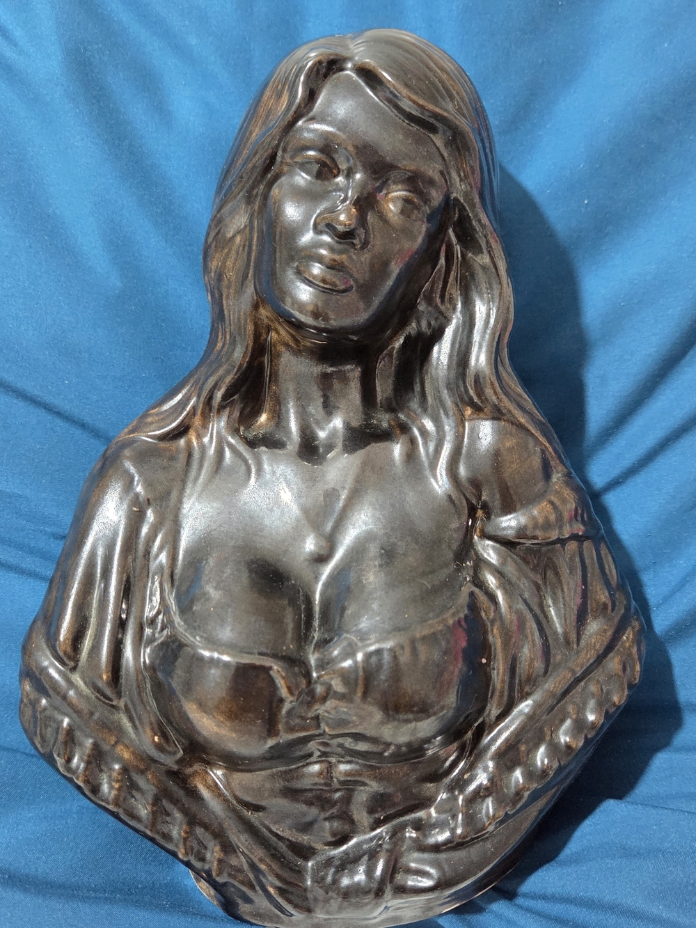 Vintage Metallic Bronze Glaze Ceramic Female Bust Statue Signed Beth Vawter